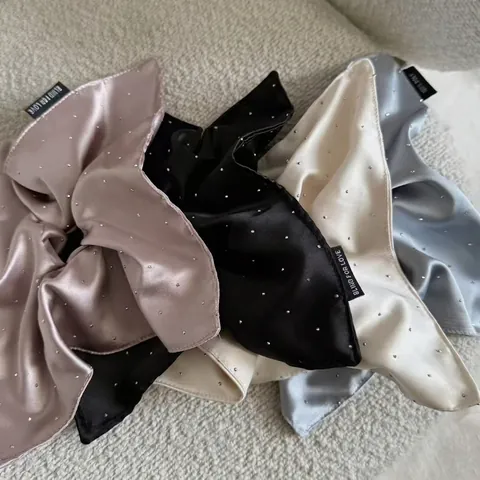 Coletero Grande de Satén con Strass Estilo Francés Elegante Goma de Pelo Color Sólido para Mujer Accesorios de Moda