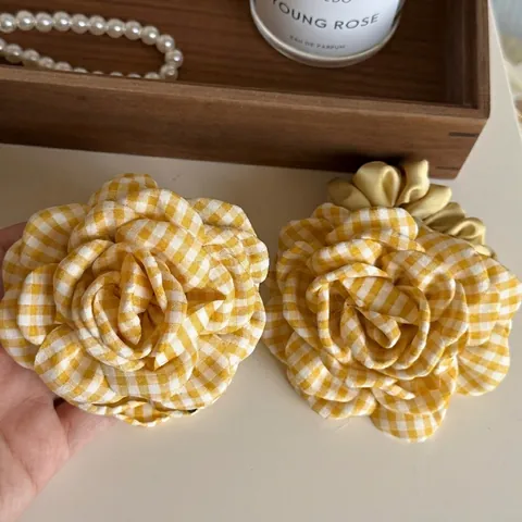 Yellow Plaid Fabric Flower Hair Claw Clip And Scrunchie For Women Satin Gingham Rose Floral Forest Style Handmade Hair Clips