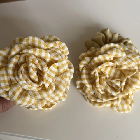 Yellow Plaid Fabric Flower Hair Claw Clip And Scrunchie For Women Satin Gingham Rose Floral Forest Style Handmade Hair Clips
