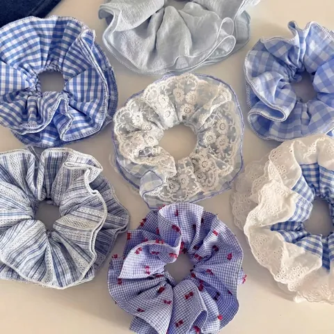 Blue Gingham Lace Hair Scrunchies Vintage Floral Satin Ponytail Holders Large Bow Hair Ties Sweet Women Hair Accessories