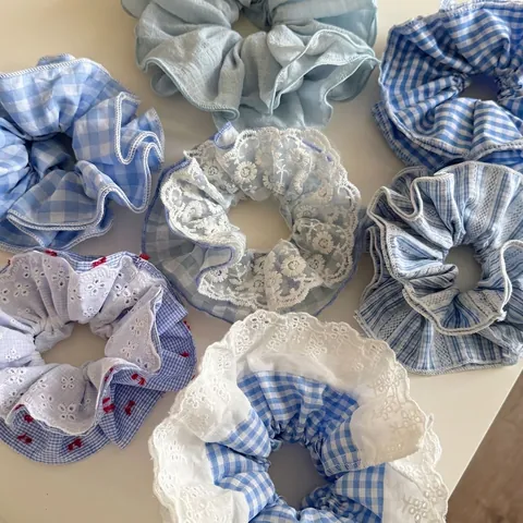 Blue Gingham Lace Hair Scrunchies Vintage Floral Satin Ponytail Holders Large Bow Hair Ties Sweet Women Hair Accessories