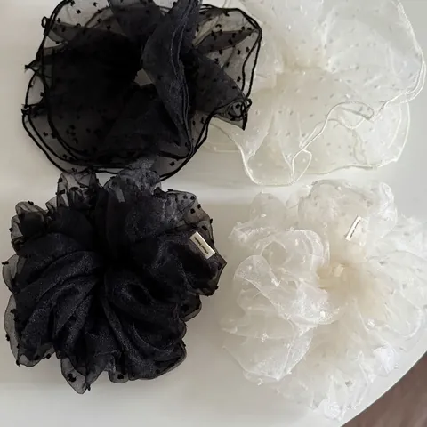 Black White Polka Dot Mesh Scrunchies Oversized Fluffy Hair Ties Fashion Daily Handmade Hair Accessories For Women