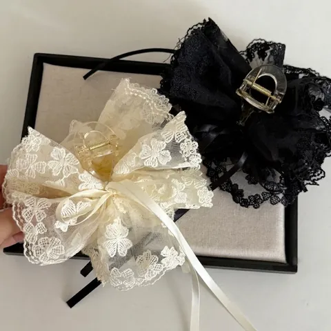 Pince à Cheveux Vintage Française en Dentelle à Nœud Floral Grand Ruban de Satin Pince Requin Élégante Brodée pour Femmes