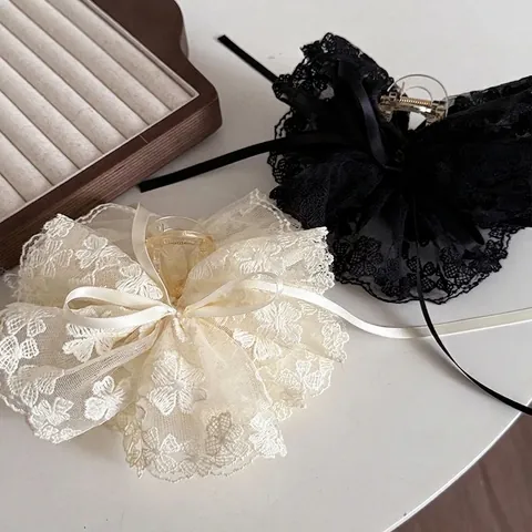 Pince à Cheveux Vintage Française en Dentelle à Nœud Floral Grand Ruban de Satin Pince Requin Élégante Brodée pour Femmes