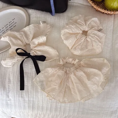 Coletero de Encaje Bordado Blanco Estilo Francés Para Mujeres Vintage Elegante Lazo Cinta Coletero Grande Hueco Accesorios Para El Cabello