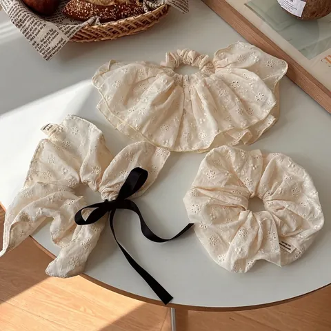Coletero de Encaje Bordado Blanco Estilo Francés Para Mujeres Vintage Elegante Lazo Cinta Coletero Grande Hueco Accesorios Para El Cabello