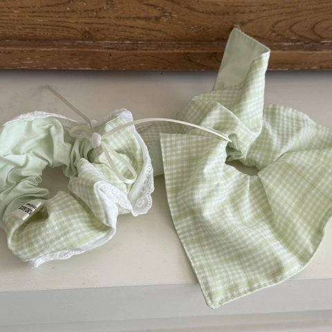 Coleteros de Encaje Verde a Cuadros Grandes Lazos para el Pelo de Tela con Nudo de Flores Soporte para Coleta Accesorios de Moda Mujer
