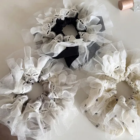 French Vintage Lace Mesh Polka Dot Scrunchie Large Double Layer Sweet Tulle Hair Tie For Women Hair Accessories