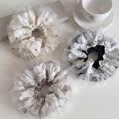 French Vintage Lace Mesh Polka Dot Scrunchie Large Double Layer Sweet Tulle Hair Tie For Women Hair Accessories