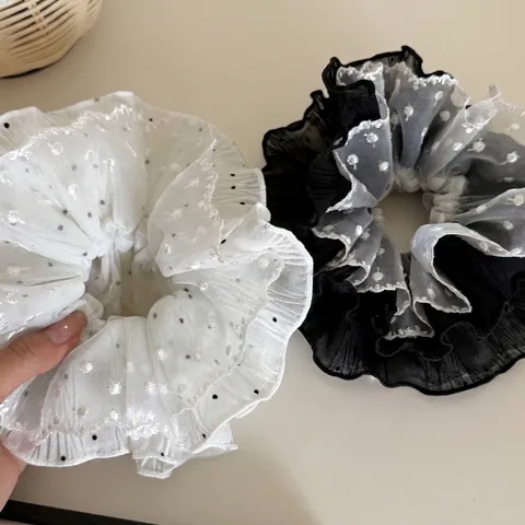 Zweilagige Polka Dot Spitze Haargummis Große Haargummis Mode Plissiertes Mesh Pferdeschwanz Halter Für Damen Süß Haarschmuck