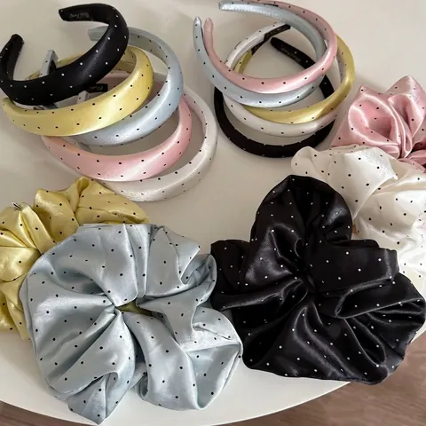 Vintage Satin Polka Dot Ενισχυμένες Στέκες και Μεγάλα Λαστιχάκια Μαλλιών για Γυναίκες Γαλλικά Γλυκά Αξεσουάρ Μαλλιών για Πλύσιμο Προσώπου Καθημερινή Χρήση