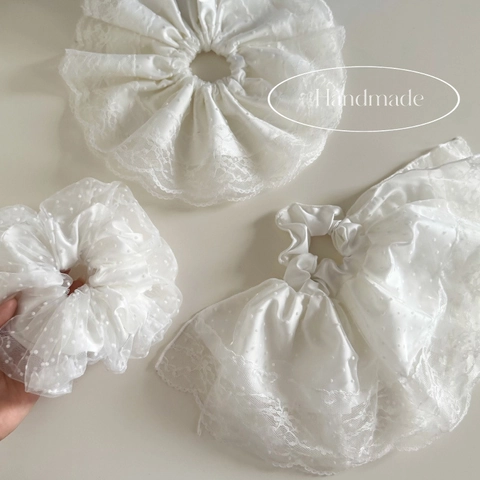 White Bubble Seersucker Polka Dot Double Layer Lace Scrunchie Elegant Handmade Large Hair Tie Women Fashion Hair Accessories