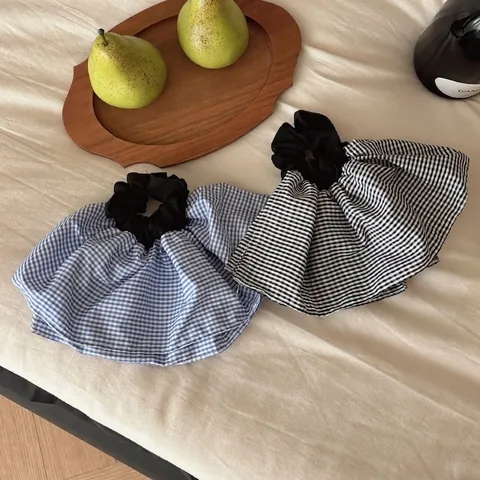 Scrunchie a Quadri Gingham Oversize Donna Moda Pieghettato Doppio Strato Elastico per Capelli Grande Stoffa Gioielli