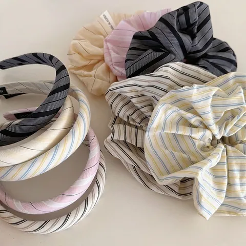Elegante Diadema de Tela a Rayas Minimalista Vintage Moda Aro de Pelo para Mujer Retro Acolchado Banda de Pelo Scrunchie Accesorios