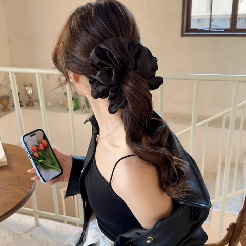 Coleteros de Satén Francés Grandes Gomas de Pelo Para Mujer Elegantes Color Crema Plisados Accesorios Para el Cabello