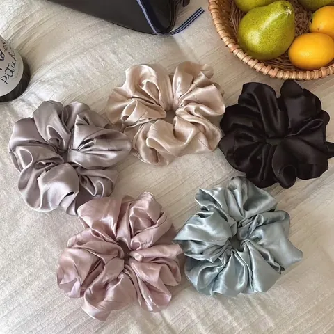 Coleteros de Satén Francés Grandes Gomas de Pelo Para Mujer Elegantes Color Crema Plisados Accesorios Para el Cabello