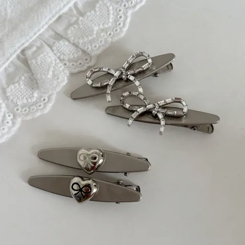 Vintage Silver Metal Bow Heart Hair Clip Rhinestone Duckbill Clip For Women Fashion Elegant Daily Commute Hair Accessories