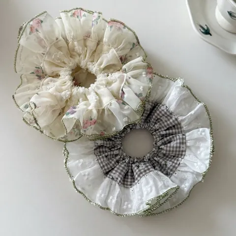 Korean Style Large Floral Lace Grid Hair Scrunchie For Women Fashion Commuting Handmade Polyester Hair Accessories