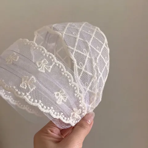 Cerchietto in Pizzo Largo Elegante da Donna con Ricamo Floreale e Perle Artificiali Fascia per Capelli in Rete Moda Retrò Bianco Beige