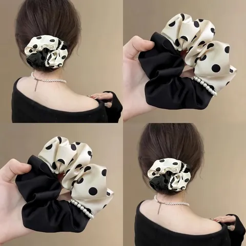 Vintage Elegant Polka Dot Satin Haargummi Mit Künstliche Perle Spleißen Haargummi Für Damen Pferdeschwanz Mode Accessoire