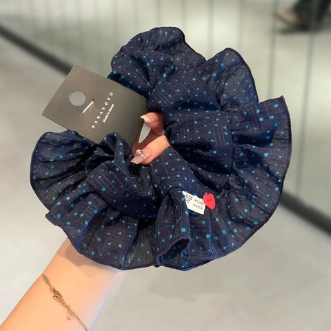 Vintage Gasa Lunares Volantes Coletero Para Mujer Grande Lazo Para El Cabello Con Decoración De Botón De Corazón Hecho A Mano Accesorios