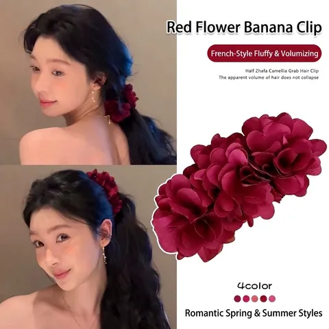 Fermaglio a Banana con Fiore di Rosa Vintage per Donna Elegante Accessorio per Capelli Floreale in Tessuto Fatto a Mano