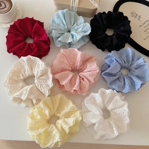 Chouchou en Dentelle Style Français Coton Broderie à Œillets Élastique Cheveux Volants Bandeau Femme Accessoires Cheveux