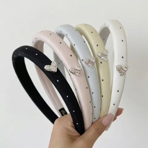 Cerchietto in Raso a Pois Color Crema per Donna Vintage Fascia per Capelli con Cuore e Strass Accessori per Capelli Estate