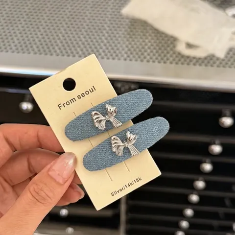 Pinza para el Cabello de Tela Denim de Estilo Coreano Con Lazo de Metal Plateado Dulce Moda Pinza Lateral para Flequillo Para Mujeres Niñas Accesorios para el Cabello