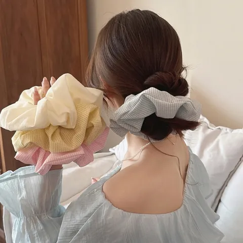 Hecho a Mano Estilo Coreano Tela a Cuadros Coletero Extra Grande Para Mujer Elegante a Cuadros Plisado Elástico Accesorios Para El Cabello