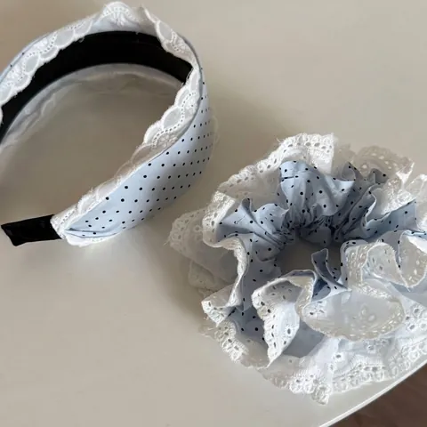 Set Accessoires Cheveux Dentelle à Pois Bleus Doux Serre-tête en Tissu et Chouchou Style Coréen Bijoux de Cheveux Femme