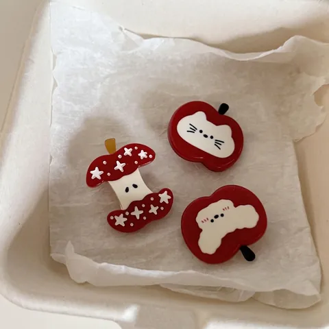 Linda Pinza para el Cabello de Acetato de Manzana Roja para Mujeres Niñas Dulce Patrón de Gato de Dibujos Animados Clip Moda