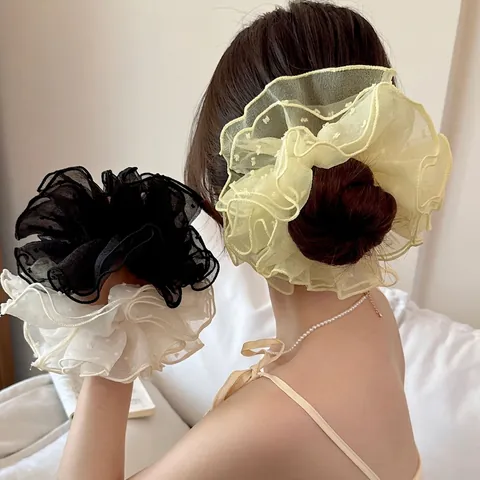Chouchous en Maille à Pois Surdimensionnés Élégants Chouchous en Organza Accessoires de Cheveux Multi-couches pour Femmes