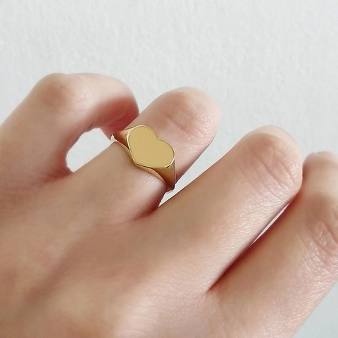 Gold Plated Copper Heart Signet Ring Vintage Minimalist Polished Plain Love Finger Ring For Men Women Proposal Jewelry Gift