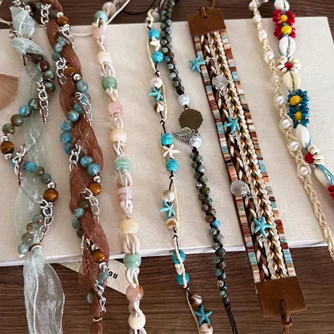 Diadema Trenzada Étnica Bohemia Cadena de Cintura Para Mujer Hecha a Mano Cuentas de Gasa de Malla Concha Estrella de Mar Accesorios para el Cabello de Vacaciones