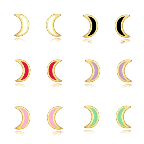 925 Sterling Silver Earring Post Copper Enamel Crescent Moon Stud Earrings For Women Minimalist Korean Style Jewelry