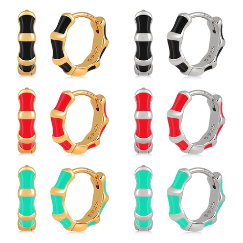 Vintage Bamboo Joint Enamel Hoop Earrings For Women Silver Earring Post Copper Gold Silver Plated Geometric Huggie Jewelry