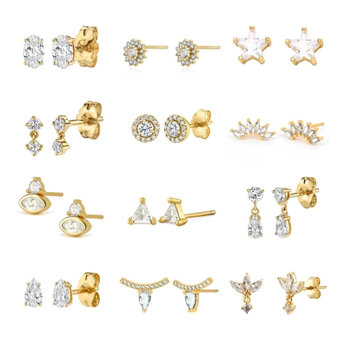 Boucles d'Oreilles Clous Minimalistes en Zircone Avec Tige en Argent Sterling 925 Plaqué Or Géométrique Floral pour Femme