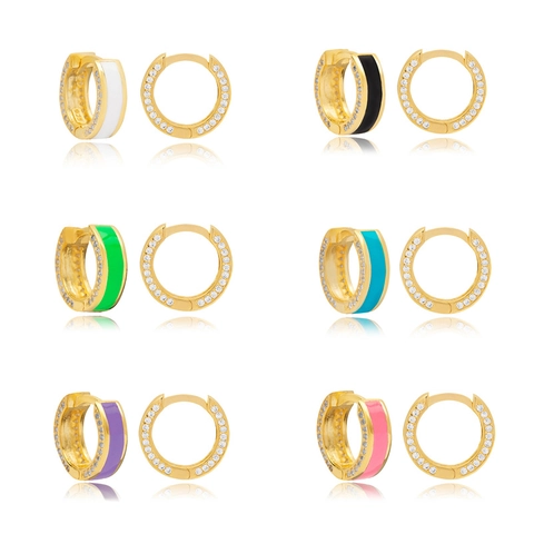 Pendientes de Aro de Esmalte de Color Con Poste de Plata de Ley 925 Cobre Chapado en Oro Zirconia Forma en C Mujeres