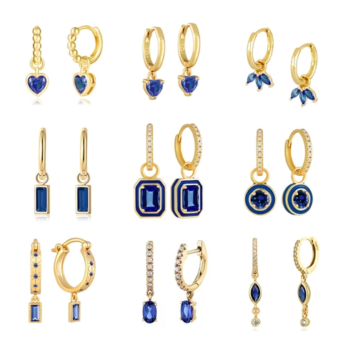 Vintage Blaue Zirkonia Herz Ohrhänger Mit 925 Sterlingsilber Ohrstecker-Stift Luxus Kupfer Schmuck Für Damen Hochzeit Party