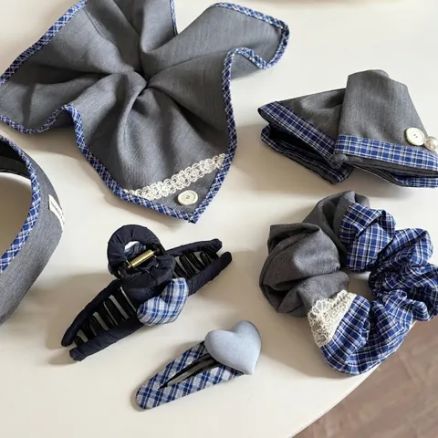Handgemaakte Kant Stof Geruit Haarspeld Grijs Blauw Gestreept Hart Haarklem Scrunchie Haardband Haaraccessoires Voor Dames