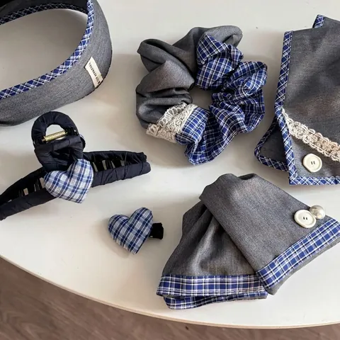 Handgemaakte Kant Stof Geruit Haarspeld Grijs Blauw Gestreept Hart Haarklem Scrunchie Haardband Haaraccessoires Voor Dames