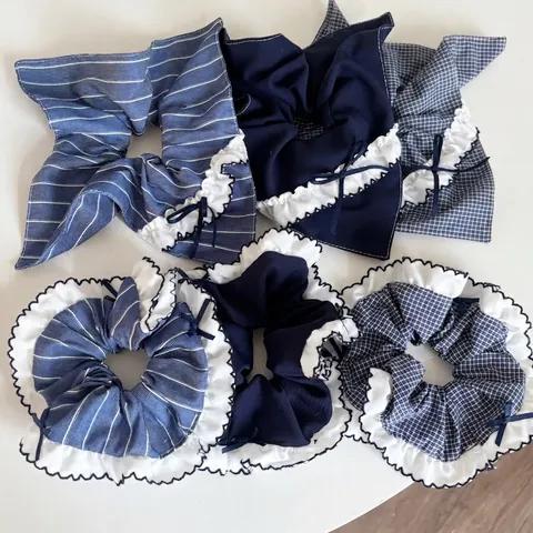 Grand Chouchou Femme Style Académie Avec Nœud Bordure Dentelle Motif Plaid Rayures Papillon Élastiques Cheveux en Tissu