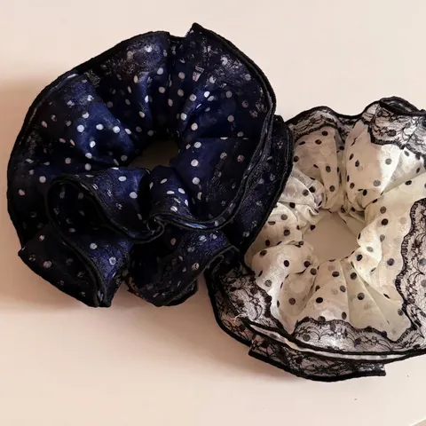 Coleteros de Encaje de Lunares Grandes Hechos a Mano para Mujer Color de Contraste Vintage Estilo Francés Lazo para el Cabello