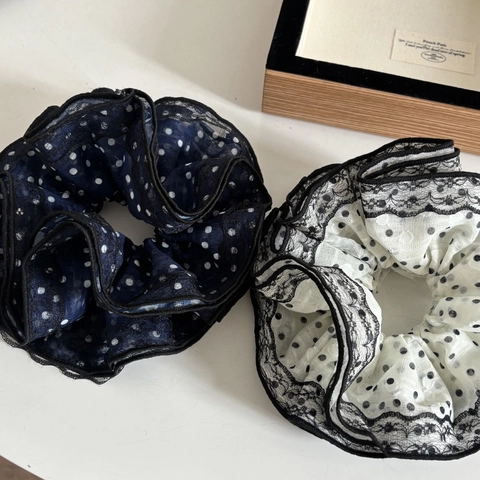 Coleteros de Encaje de Lunares Grandes Hechos a Mano para Mujer Color de Contraste Vintage Estilo Francés Lazo para el Cabello