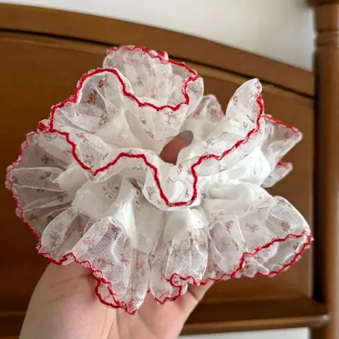 French Vintage Mesh Floral Scrunchies For Women Handmade Lace Contrast Edge Hair Ties Sweet Elegant Hair Accessories