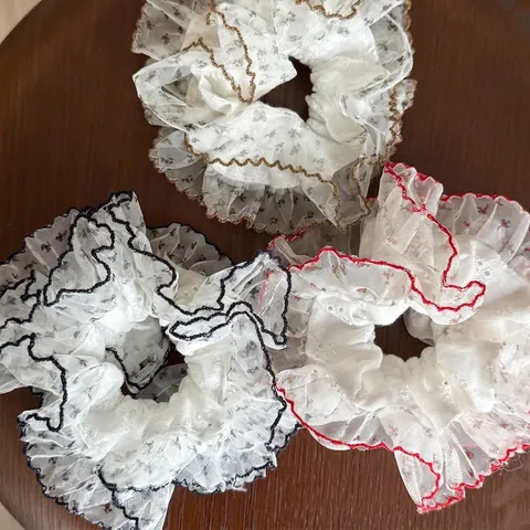 French Vintage Mesh Floral Scrunchies For Women Handmade Lace Contrast Edge Hair Ties Sweet Elegant Hair Accessories