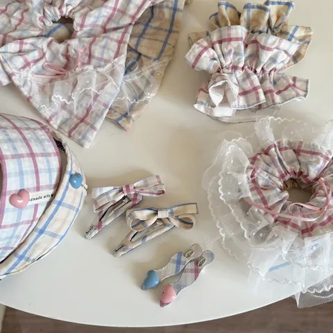 Ruitjes Kant Strik Haarspelden Set Voor Vrouwen Zoete Geblokte Scrunchies Stoffen Hoofdband Mode Haaraccessoires Haardecoratie