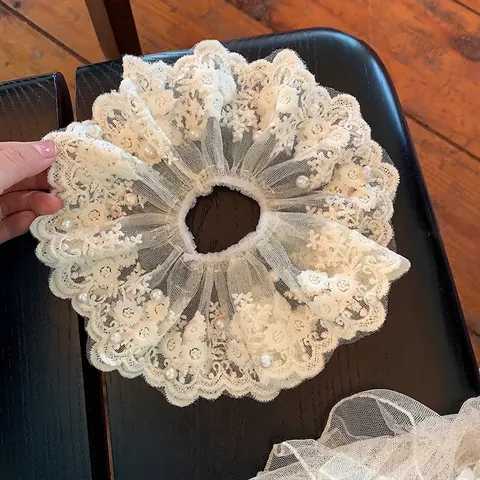 Elegante Elastico per Capelli in Pizzo Rete con Perla Artificiale Vintage Fatto a Mano Ricamo Floreale Accessori Capelli Donna