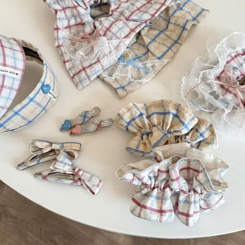 Ruitjes Kant Strik Haarspelden Set Voor Vrouwen Zoete Geblokte Scrunchies Stoffen Hoofdband Mode Haaraccessoires Haardecoratie